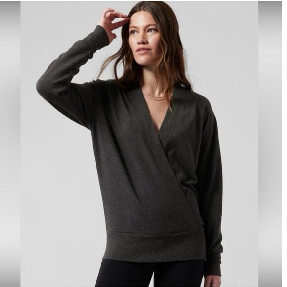 Athleta Athletic Top Women's Size L Gray Heather Purana V-Neck Wrap Sweatshirt - Picture 1 of 7